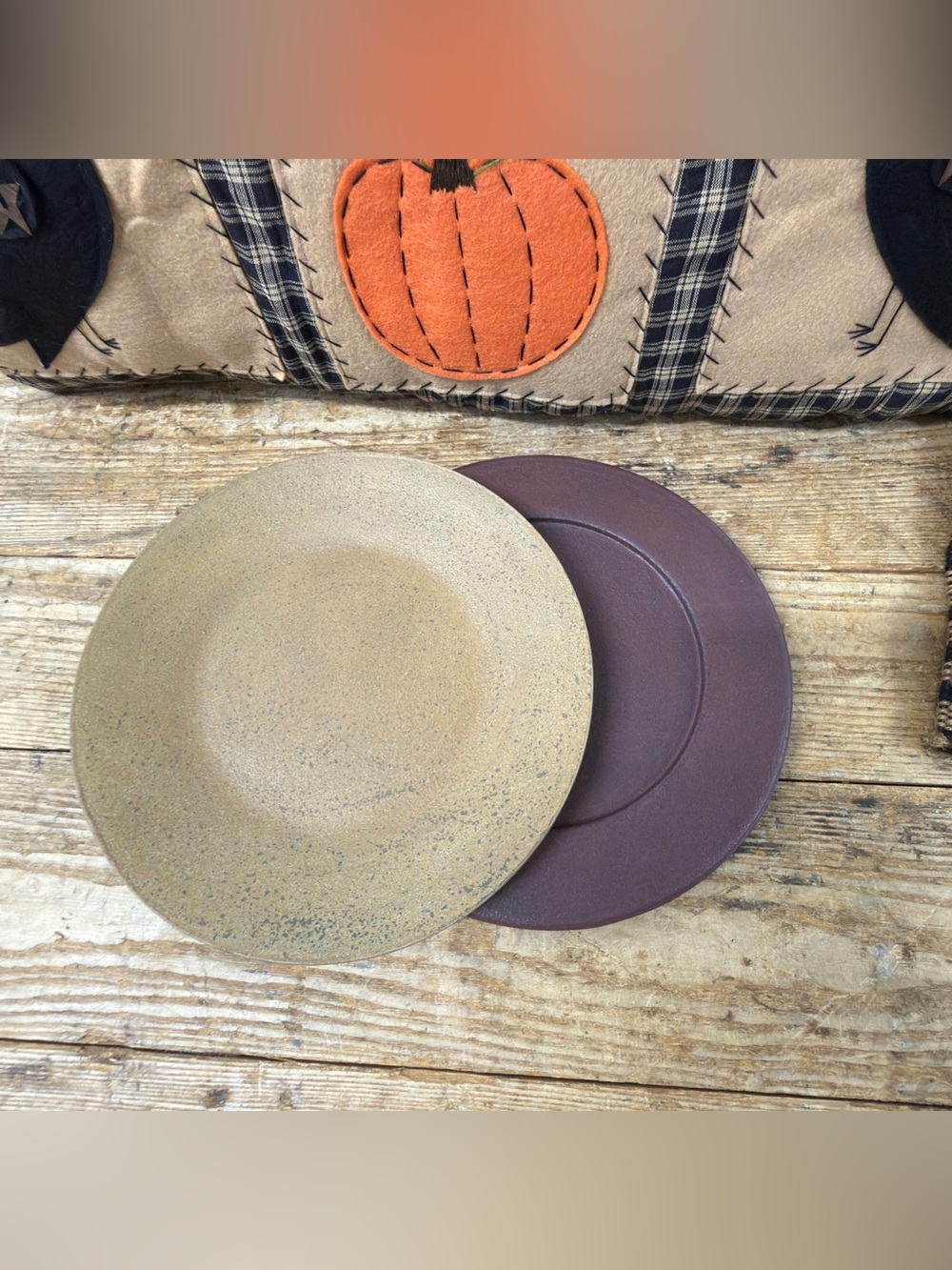 Early Farmhouse style plates in maroon and gold. Painted finish wood